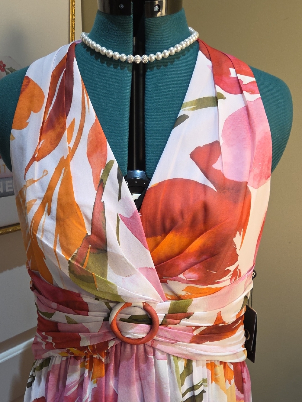 Nwt 14 $ 199 Adrianna Papell Pink & Orange Floral Halter Maxi Dress - Picture 3 of 17